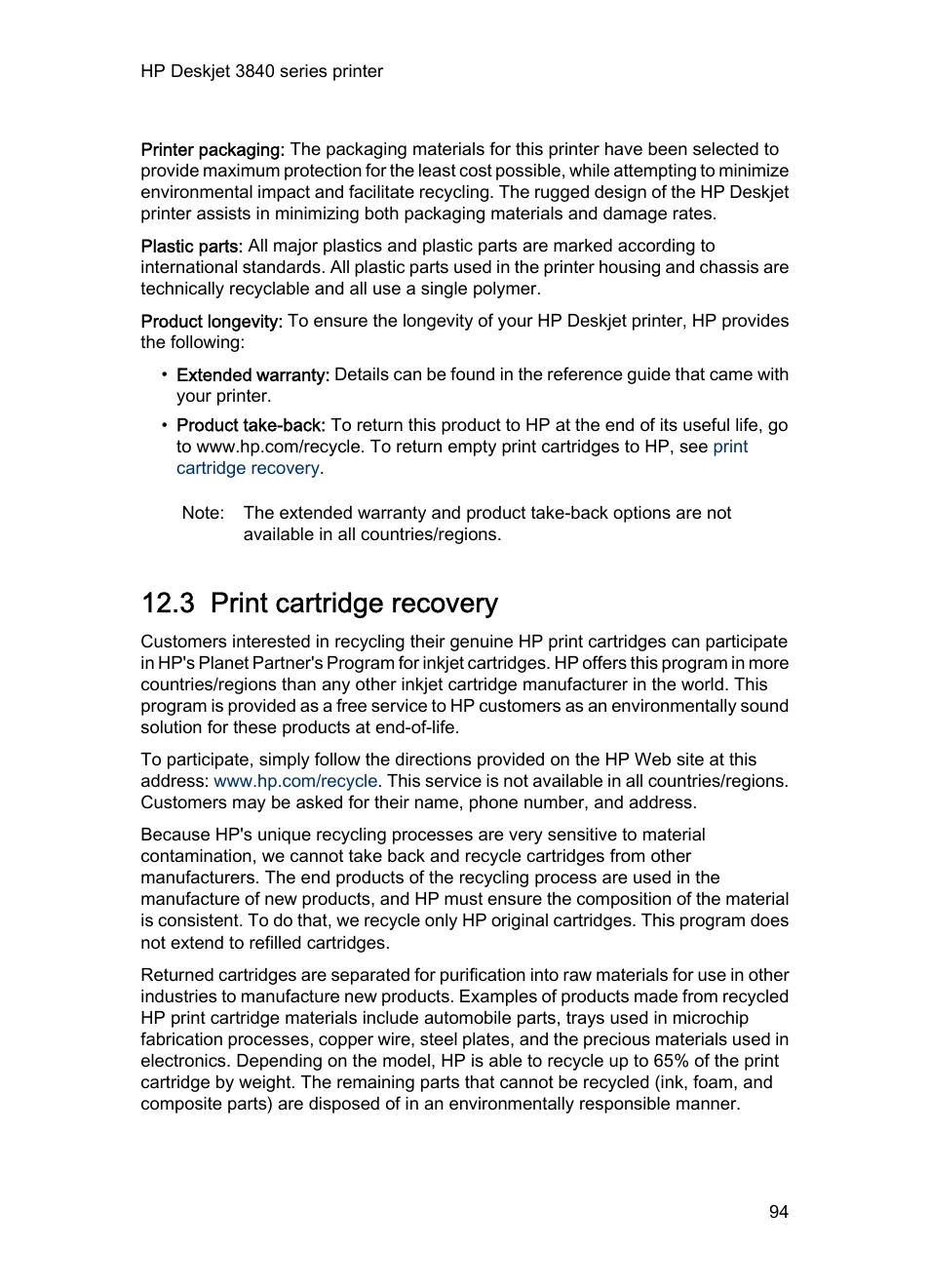 3 print cartridge recovery, Print cartridge, Recovery | Print cartridge recovery | HP Deskjet 3848 Color Inkjet Printer User Manual | Page 94 / 96