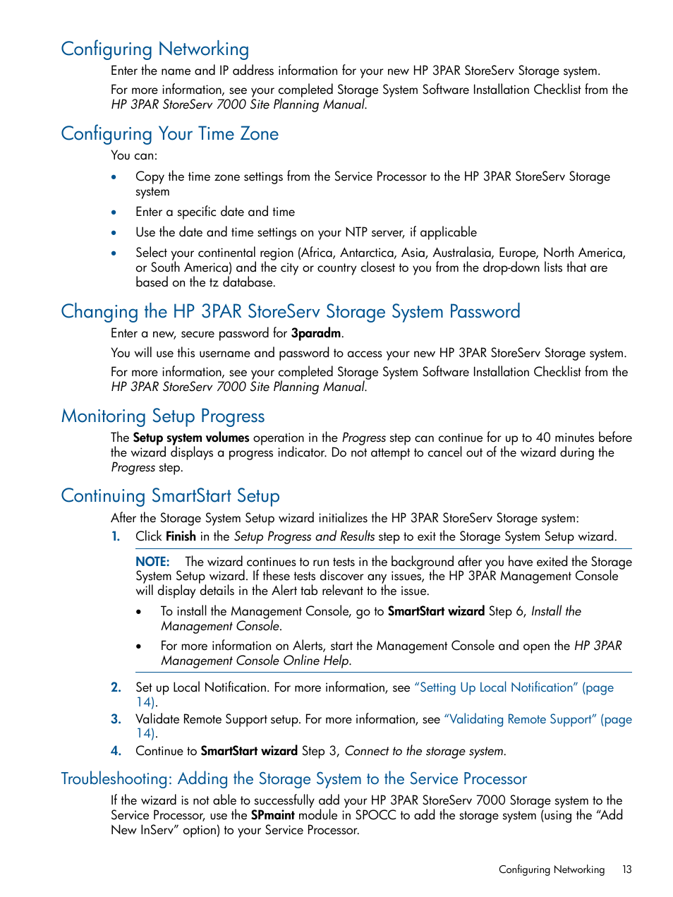 Configuring networking, Configuring your time zone, Monitoring setup progress | Continuing smartstart setup | HP 3PAR Operating System Software User Manual | Page 13 / 56