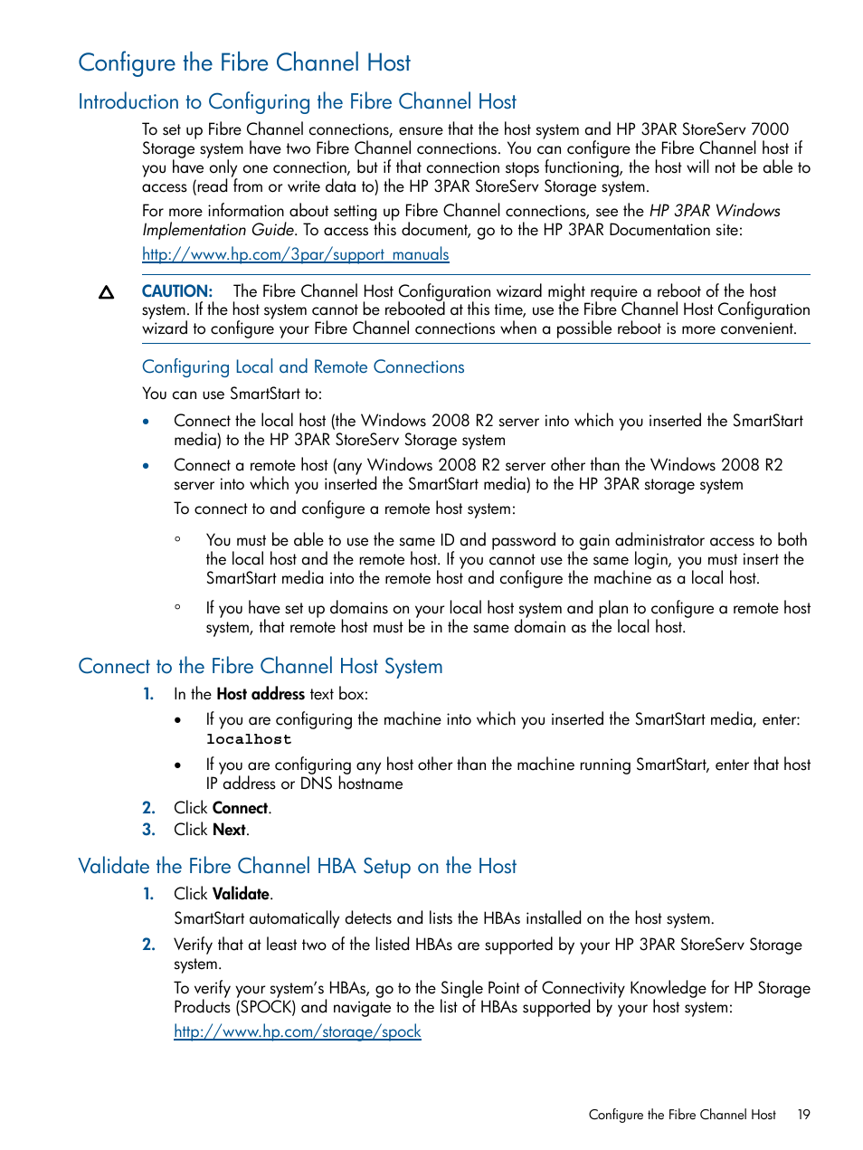 Configure the fibre channel host, Introduction to configuring the fibre channel host, Connect to the fibre channel host system | Validate the fibre channel hba setup on the host | HP 3PAR Operating System Software User Manual | Page 19 / 56