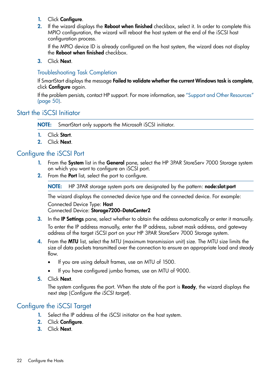 Start the iscsi initiator, Configure the iscsi port, Configure the iscsi target | HP 3PAR Operating System Software User Manual | Page 22 / 56