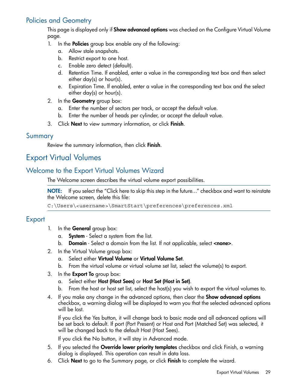 Policies and geometry, Summary, Export virtual volumes | Welcome to the export virtual volumes wizard, Export | HP 3PAR Operating System Software User Manual | Page 29 / 56