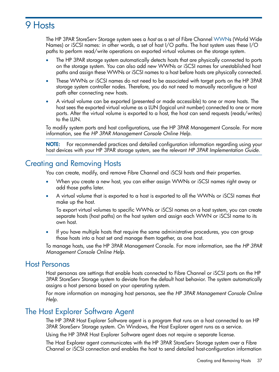 9 hosts, Creating and removing hosts, Host personas | The host explorer software agent, The host explorer | HP 3PAR Operating System Software User Manual | Page 37 / 56