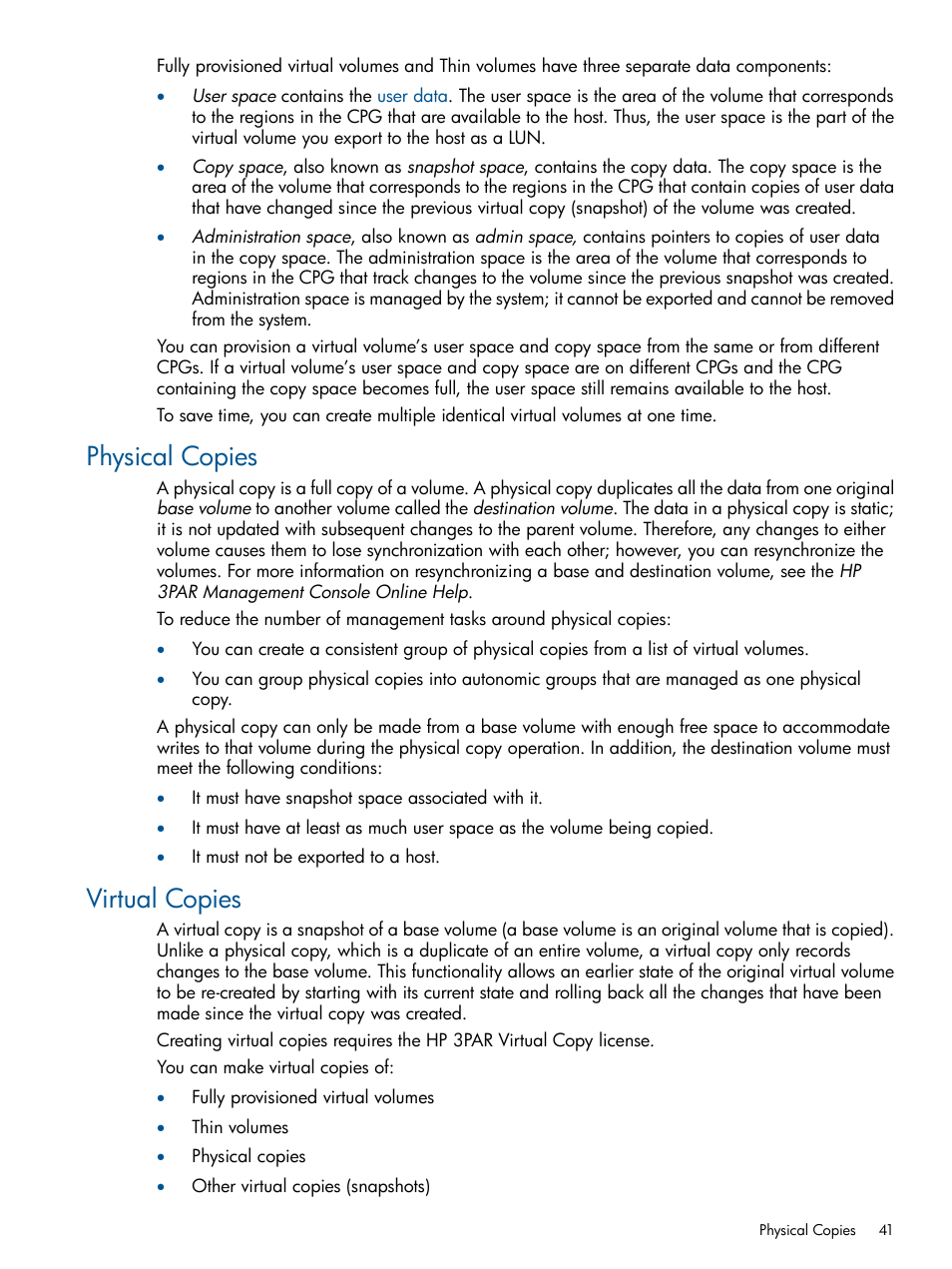Physical copies, Virtual copies | HP 3PAR Operating System Software User Manual | Page 41 / 56
