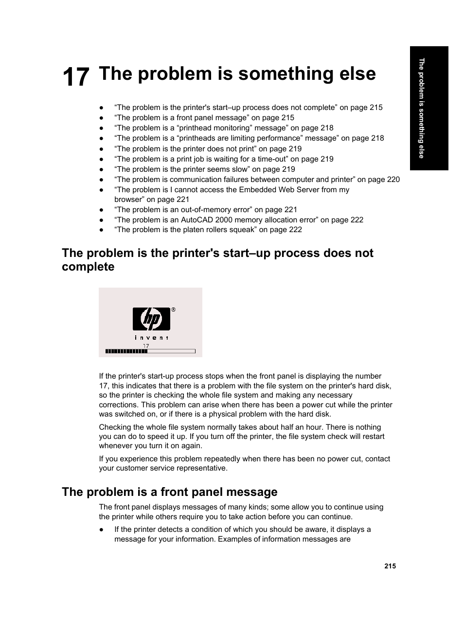 The problem is something else, The problem is a front panel message | HP Designjet 4000 Printer series User Manual | Page 217 / 268