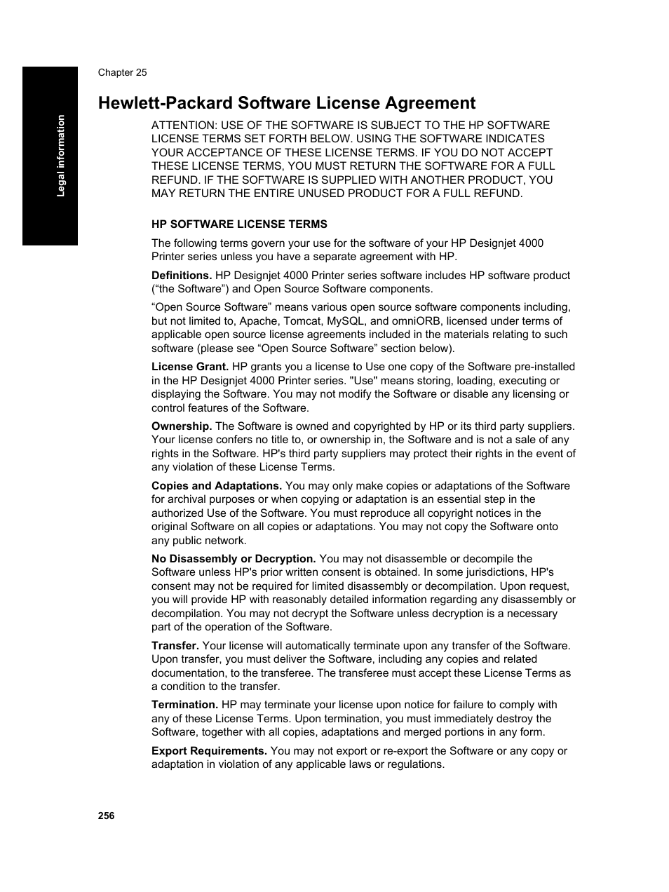 Hewlett-packard software license agreement | HP Designjet 4000 Printer series User Manual | Page 258 / 268