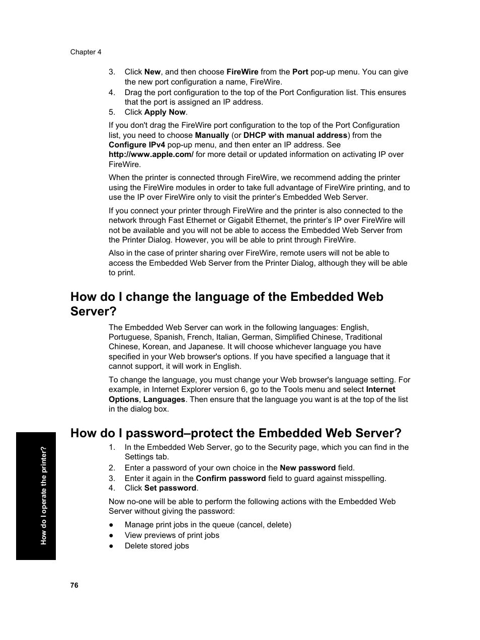 How do i password–protect the embedded web server | HP Designjet 4000 Printer series User Manual | Page 78 / 268