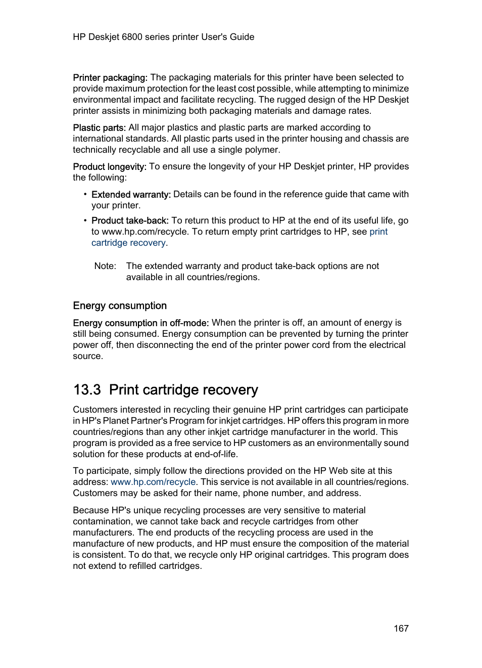 Energy consumption, 3 print cartridge recovery, Print cartridge | Recovery, Print cartridge recovery | HP Deskjet 6840 Color Inkjet Printer User Manual | Page 167 / 177