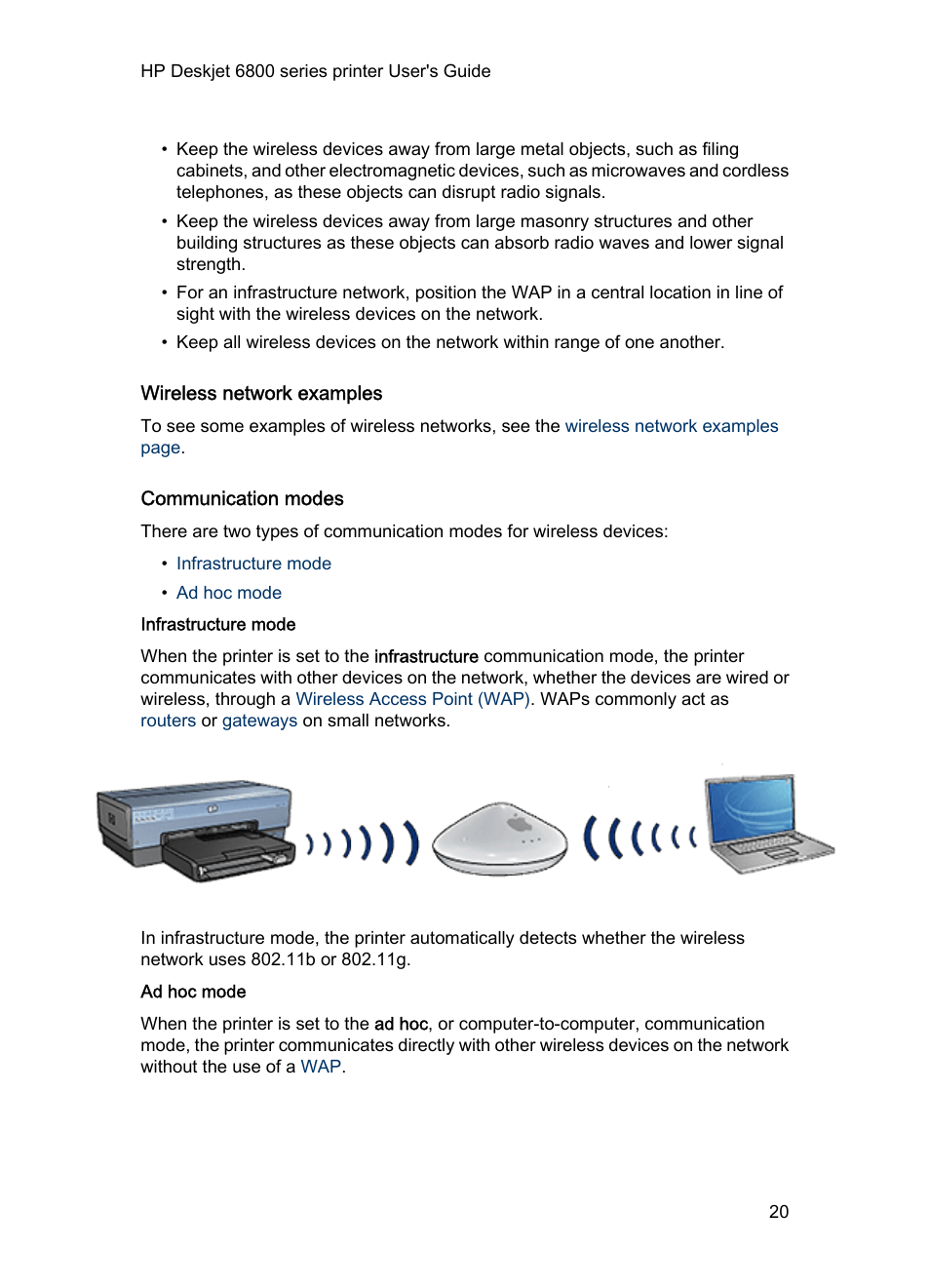 Wireless network examples, Communication modes, Infrastructure mode | Ad hoc mode | HP Deskjet 6840 Color Inkjet Printer User Manual | Page 20 / 177