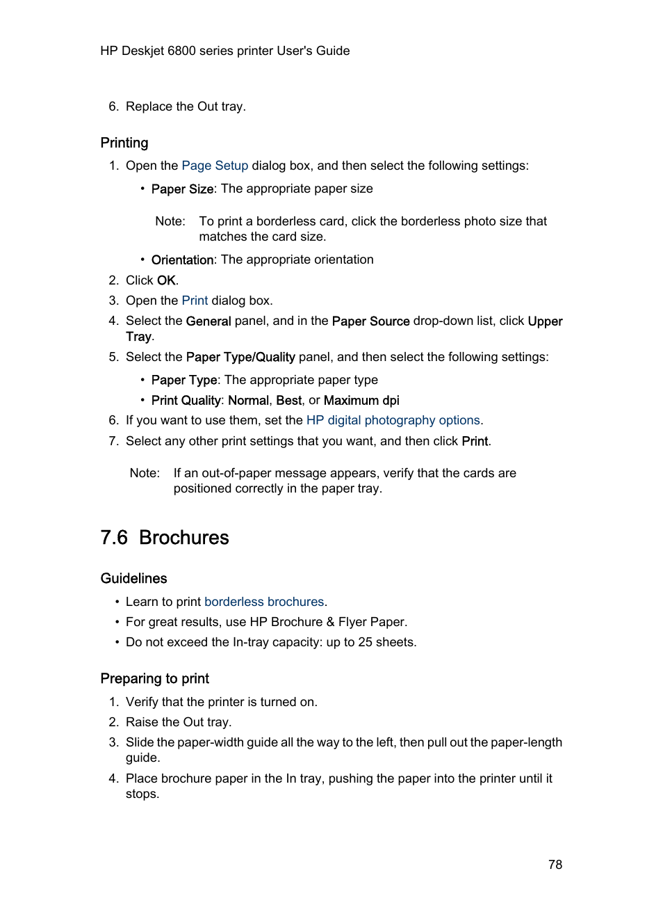 Printing, 6 brochures, Guidelines | Preparing to print, Brochures | HP Deskjet 6840 Color Inkjet Printer User Manual | Page 78 / 177