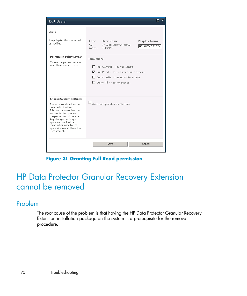 Problem, Granting full read permission | HP Data Protector V6.1x Software User Manual | Page 70 / 82