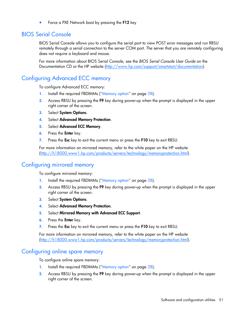 Operation, Configuring advanced ecc memory, Configuring online spare memory | Configuring, Mirrored memory, Bios serial console | HP ProLiant BL680c G5 Server-Blade User Manual | Page 51 / 100
