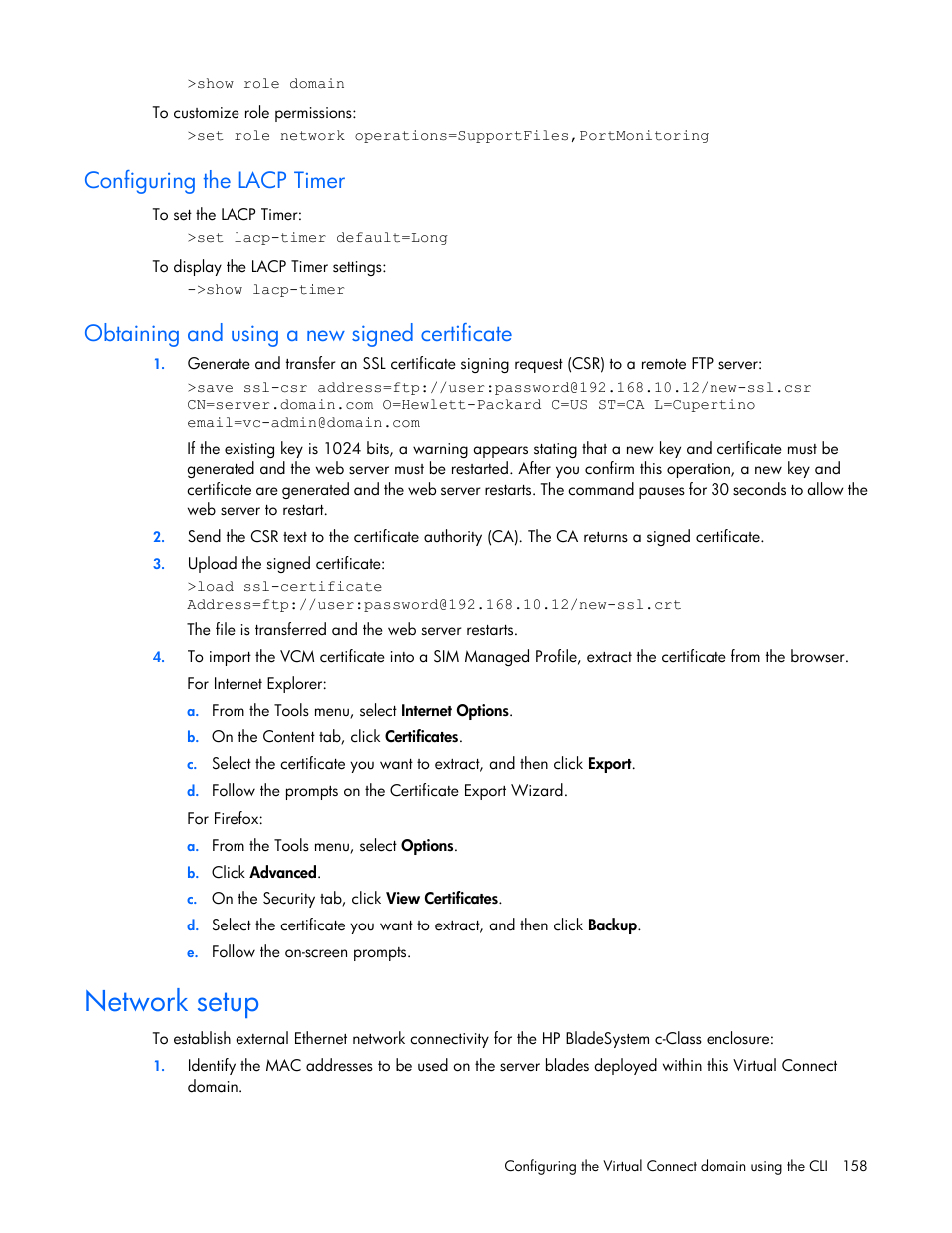 Configuring the lacp timer, Obtaining and using a new signed certificate, Network setup | HP Virtual Connect 4Gb Fibre Channel Module for c-Class BladeSystem User Manual | Page 158 / 192