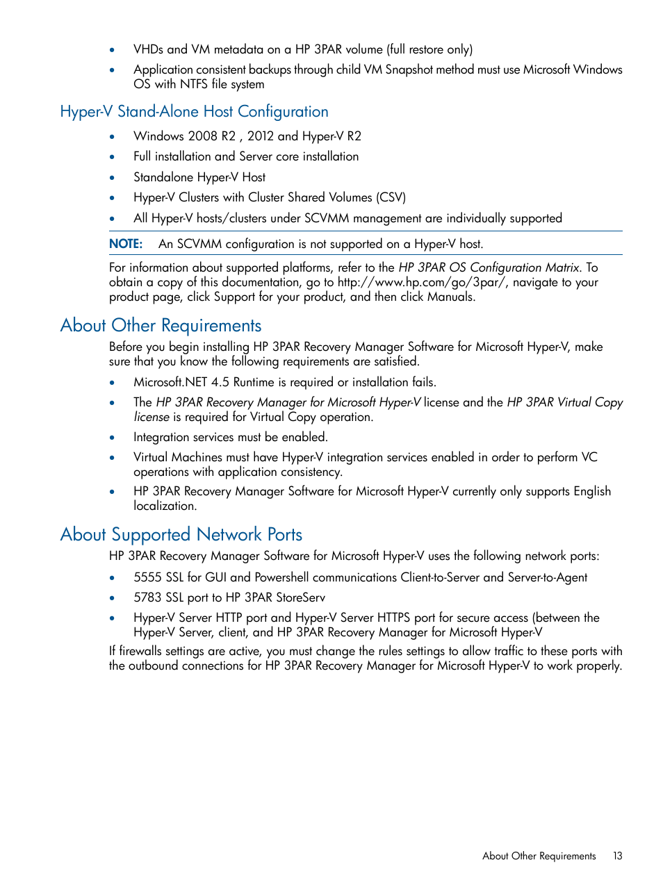 Hyper-v stand-alone host configuration, About other requirements, About supported network ports | HP 3PAR Recovery Manager Software User Manual | Page 13 / 91