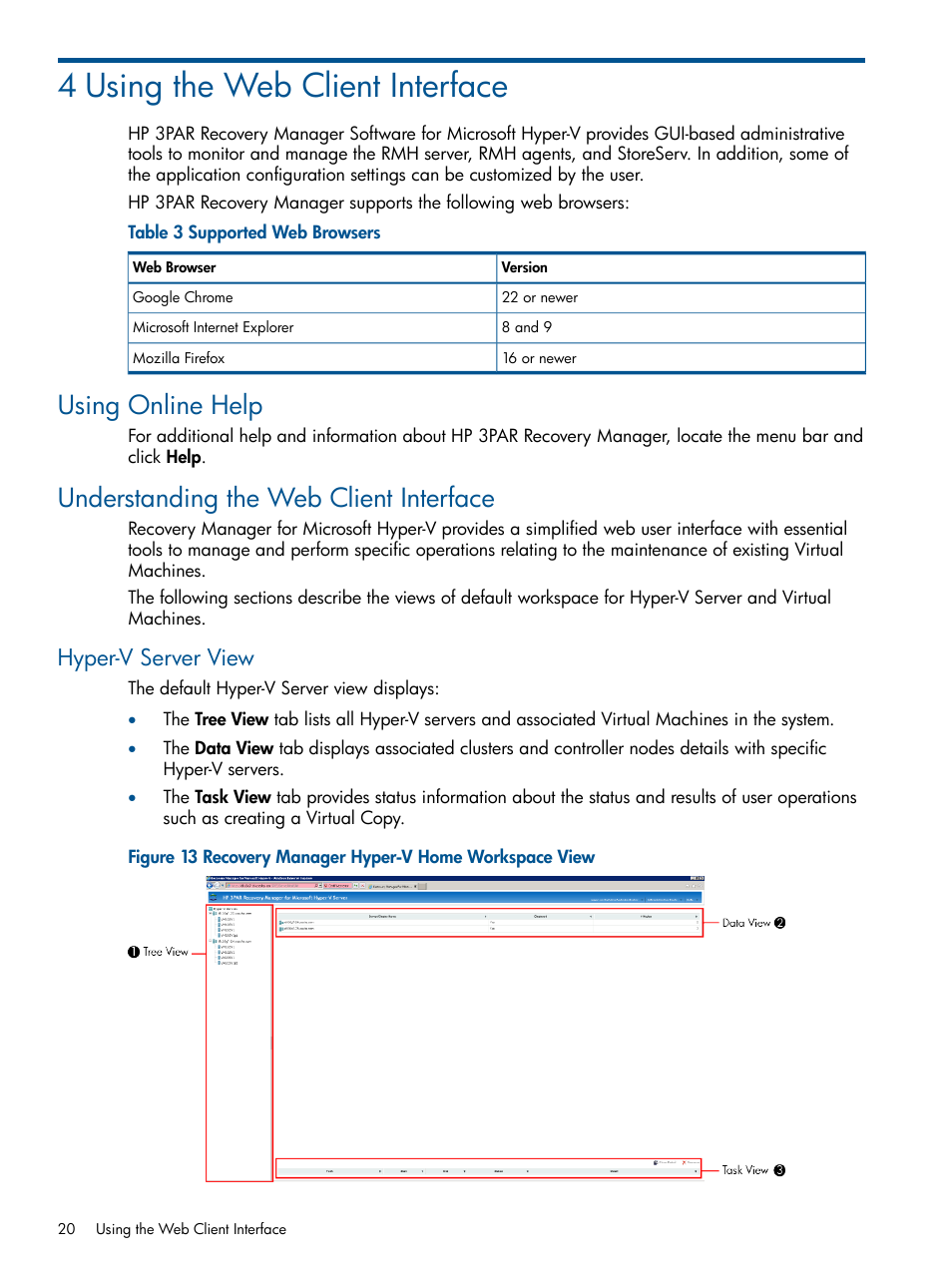 4 using the web client interface, Using online help, Understanding the web client interface | Hyper-v server view | HP 3PAR Recovery Manager Software User Manual | Page 20 / 91