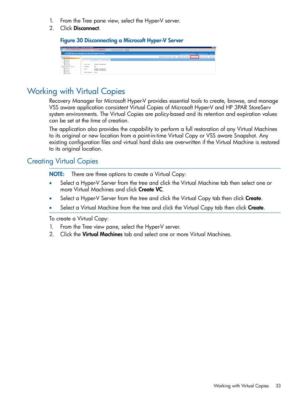 Working with virtual copies, Creating virtual copies | HP 3PAR Recovery Manager Software User Manual | Page 33 / 91