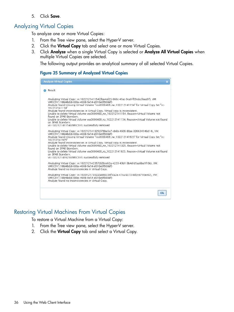 Analyzing virtual copies, Restoring virtual machines from virtual copies | HP 3PAR Recovery Manager Software User Manual | Page 36 / 91