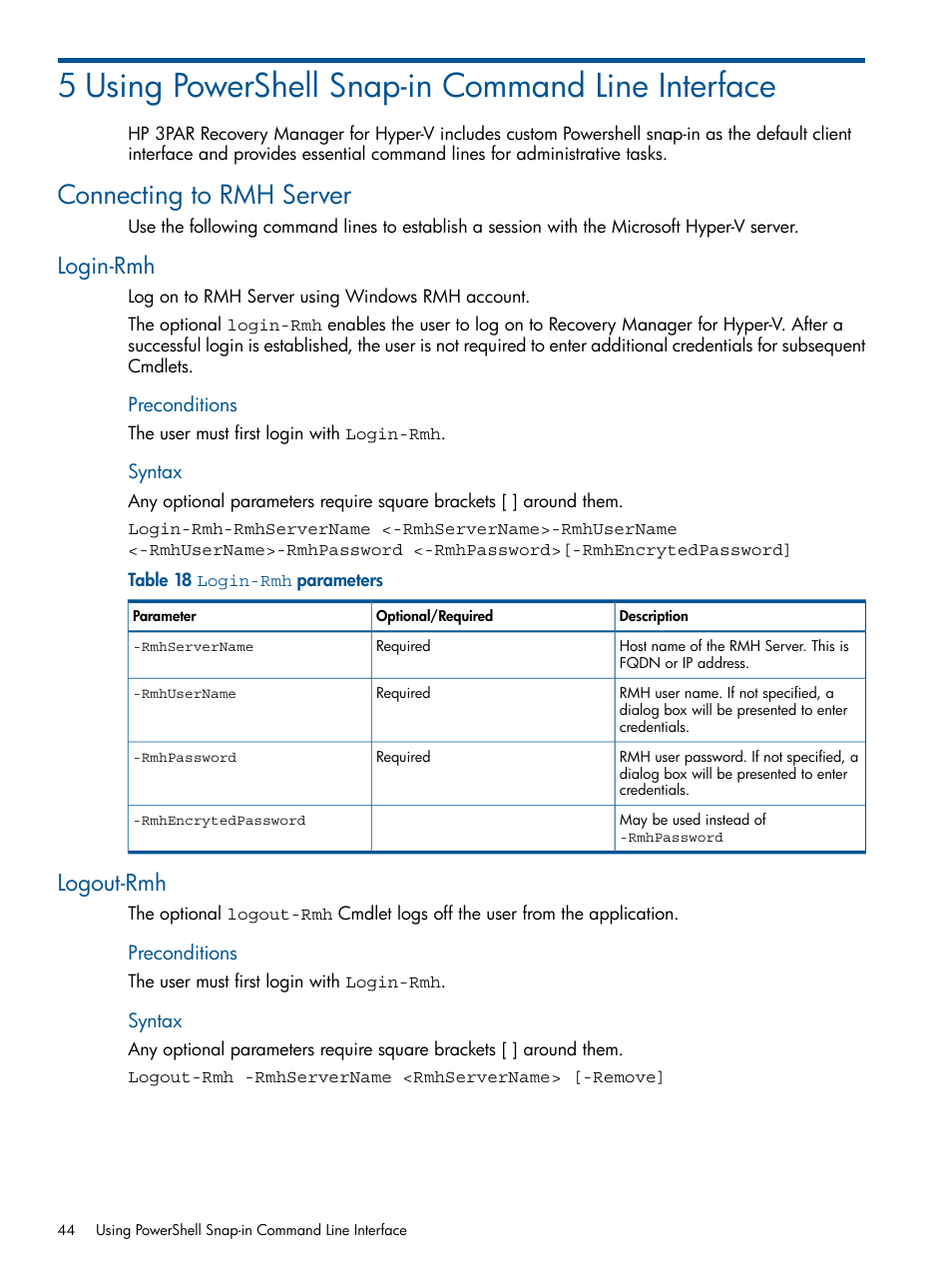 5 using powershell snap-in command line interface, Connecting to rmh server, Login-rmh | Logout-rmh, Login-rmh logout-rmh | HP 3PAR Recovery Manager Software User Manual | Page 44 / 91