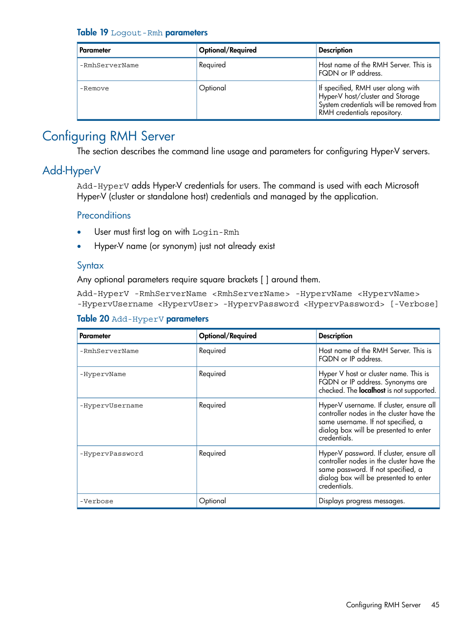 Configuring rmh server, Add-hyperv, Preconditions | Syntax | HP 3PAR Recovery Manager Software User Manual | Page 45 / 91