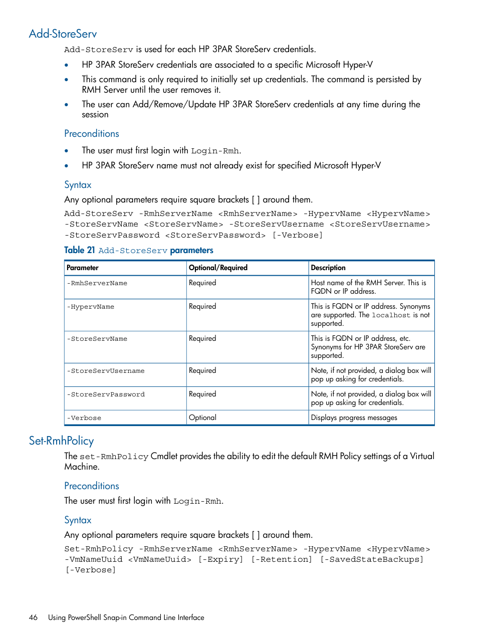 Add-storeserv, Set-rmhpolicy, Add-storeserv set-rmhpolicy | HP 3PAR Recovery Manager Software User Manual | Page 46 / 91