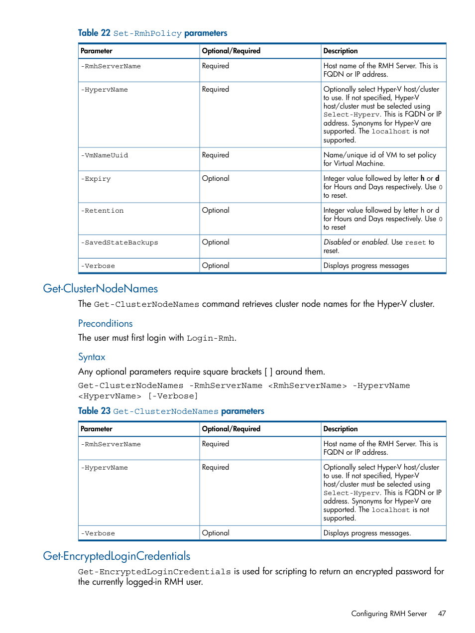 Get-clusternodenames, Get-encryptedlogincredentials, Get-clusternodenames get-encryptedlogincredentials | Preconditions, Syntax | HP 3PAR Recovery Manager Software User Manual | Page 47 / 91
