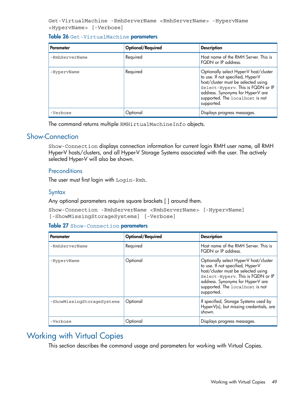 Show-connection, Working with virtual copies, Preconditions | Syntax | HP 3PAR Recovery Manager Software User Manual | Page 49 / 91
