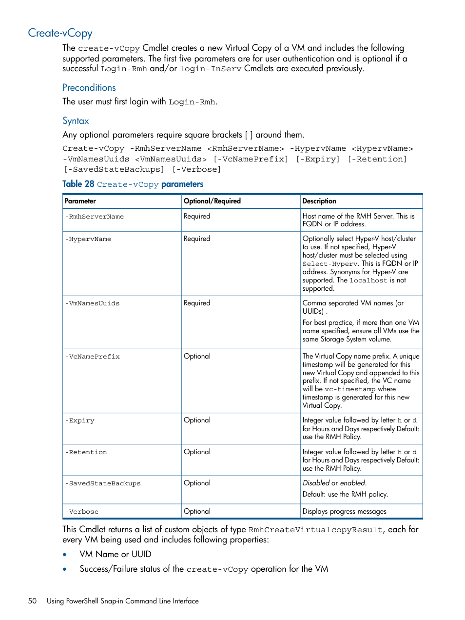 Create-vcopy, Preconditions, Syntax | HP 3PAR Recovery Manager Software User Manual | Page 50 / 91