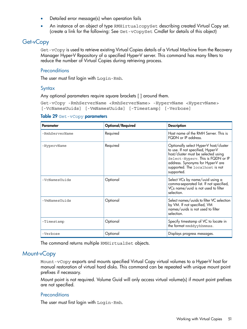 Get-vcopy, Mount-vcopy, Get-vcopy mount-vcopy | HP 3PAR Recovery Manager Software User Manual | Page 51 / 91
