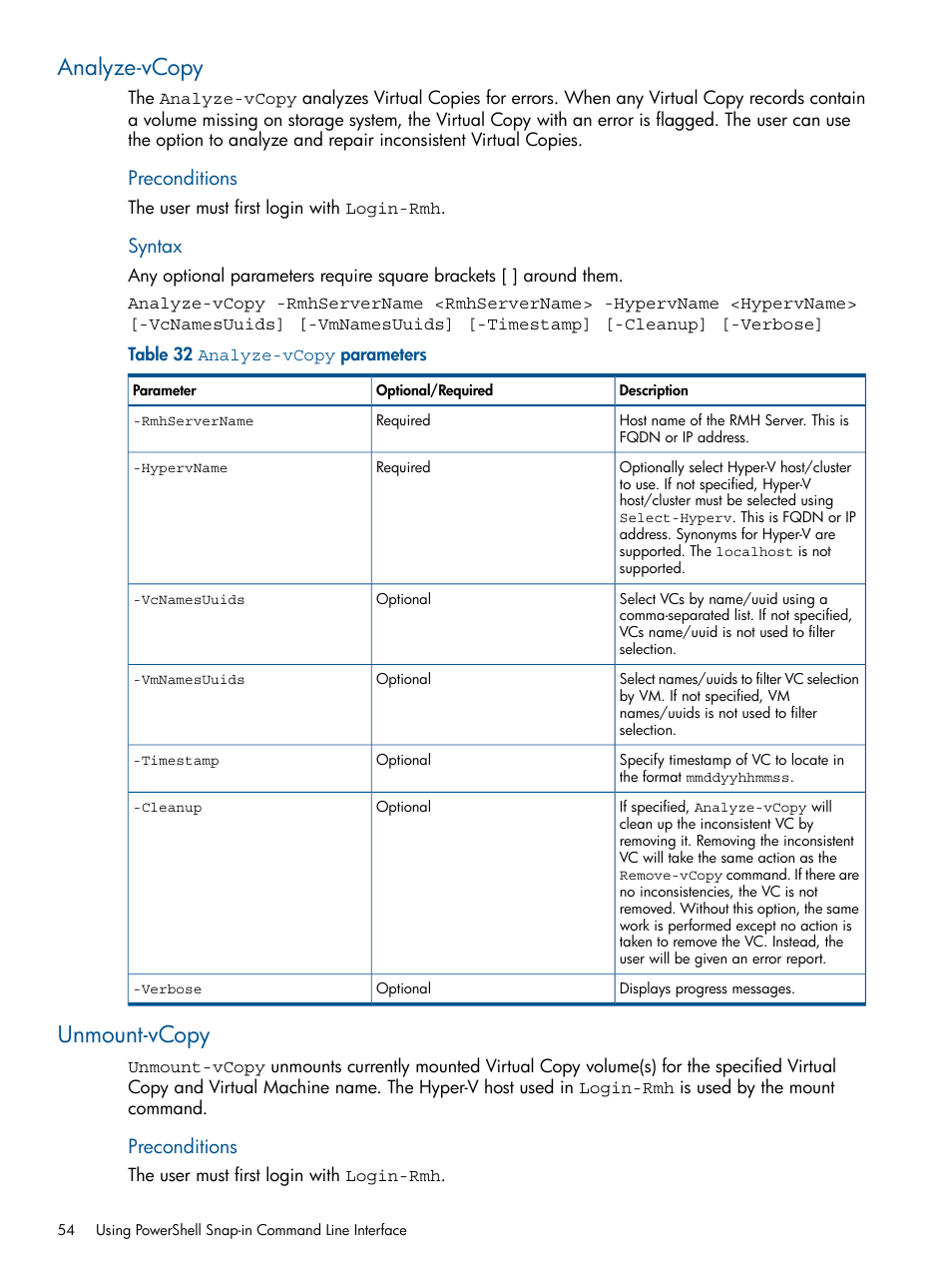 Analyze-vcopy, Unmount-vcopy, Analyze-vcopy unmount-vcopy | Preconditions, Syntax | HP 3PAR Recovery Manager Software User Manual | Page 54 / 91