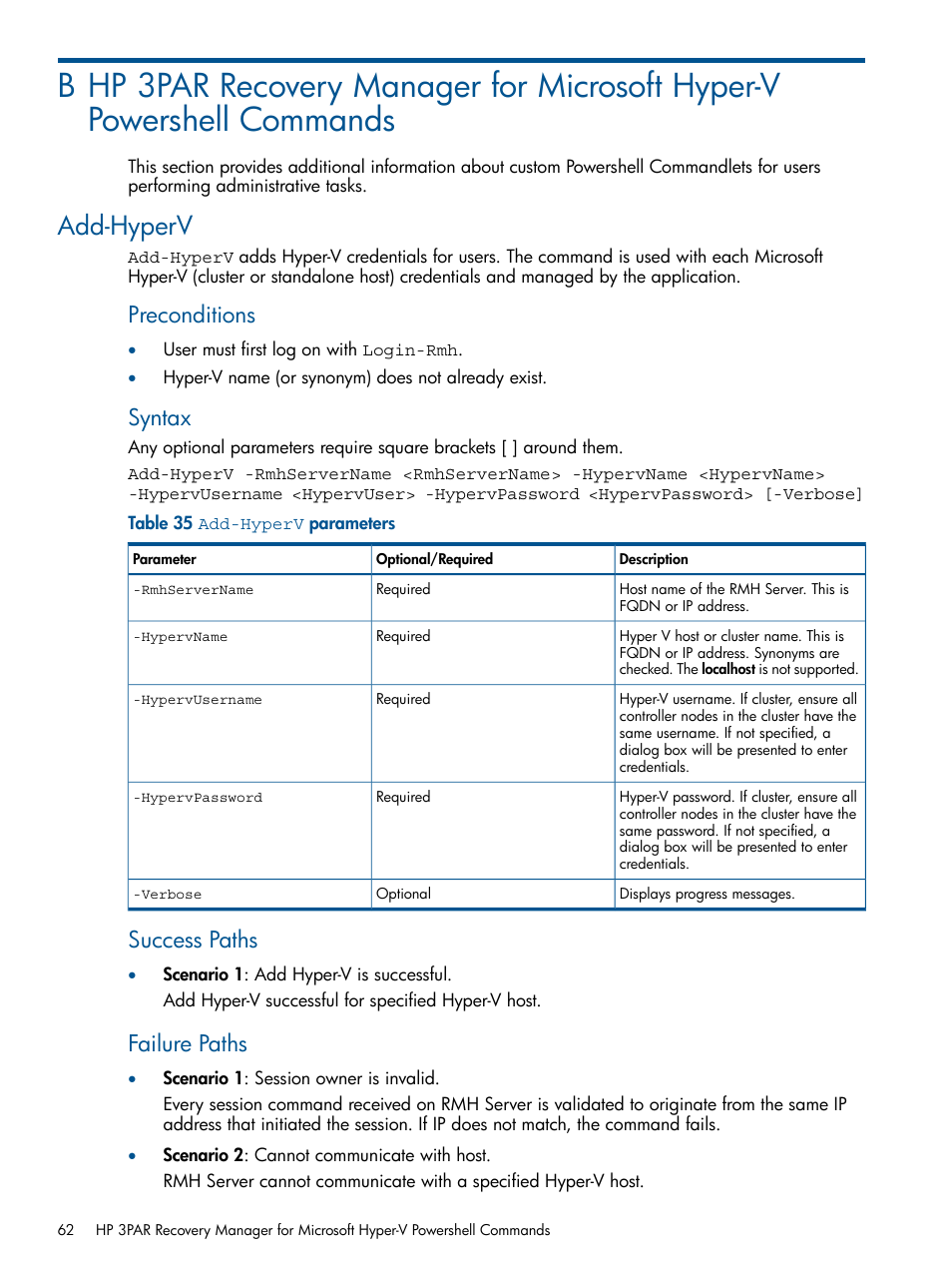 Add-hyperv, Preconditions, Syntax | Success paths, Failure paths | HP 3PAR Recovery Manager Software User Manual | Page 62 / 91