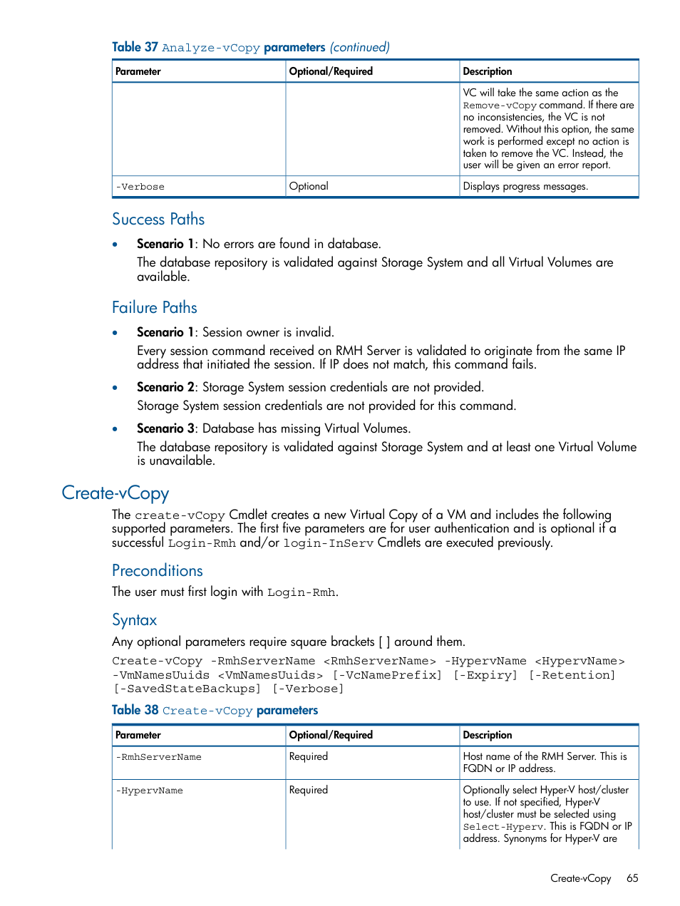 Create-vcopy, Success paths, Failure paths | Preconditions, Syntax | HP 3PAR Recovery Manager Software User Manual | Page 65 / 91