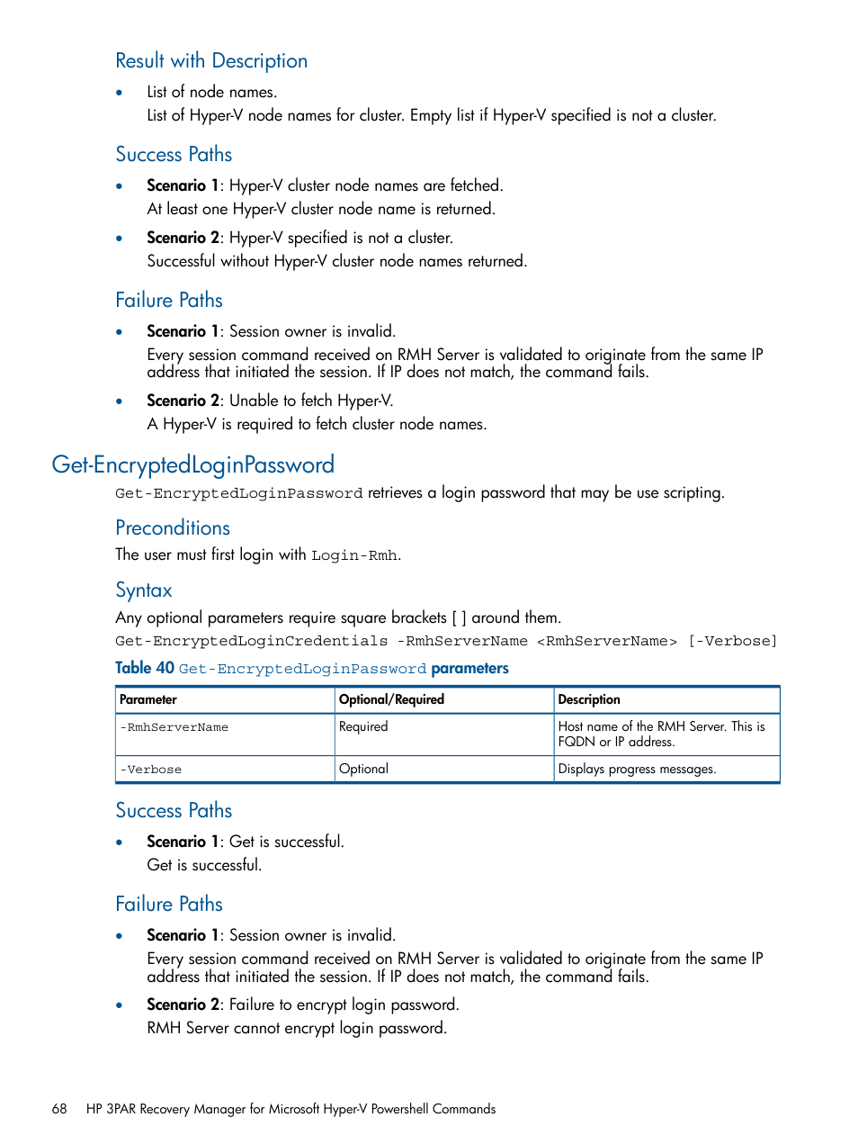 Get-encryptedloginpassword, Result with description, Success paths | Failure paths, Preconditions, Syntax | HP 3PAR Recovery Manager Software User Manual | Page 68 / 91