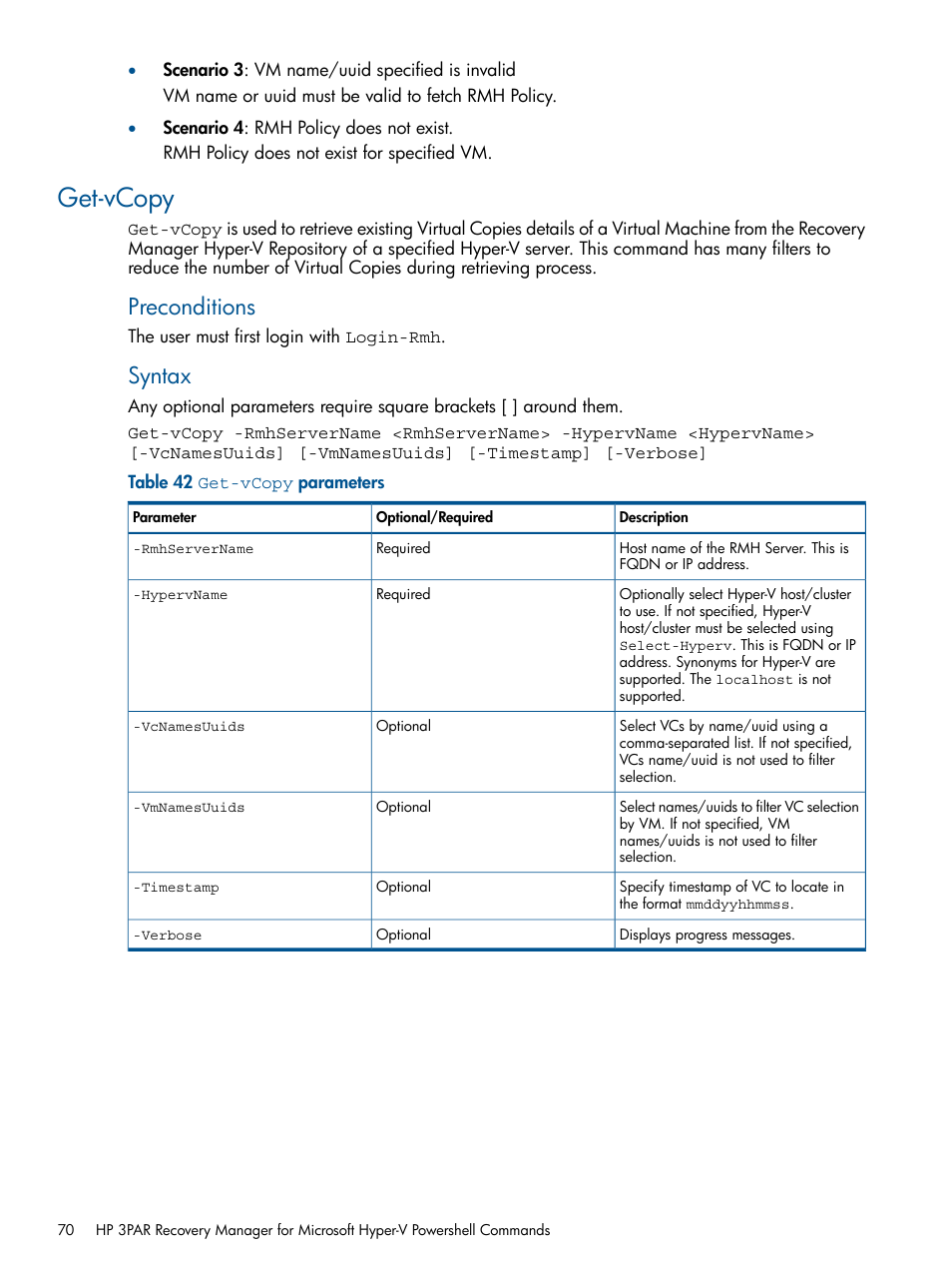 Get-vcopy, Preconditions, Syntax | HP 3PAR Recovery Manager Software User Manual | Page 70 / 91