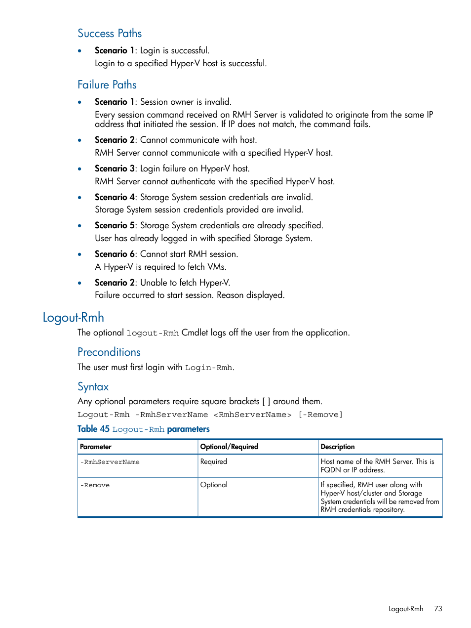 Logout-rmh, Success paths, Failure paths | Preconditions, Syntax | HP 3PAR Recovery Manager Software User Manual | Page 73 / 91