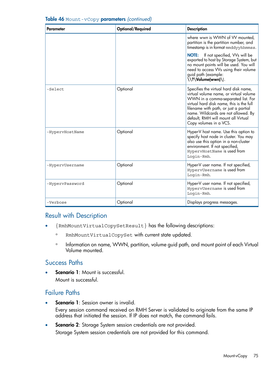 Result with description, Success paths, Failure paths | HP 3PAR Recovery Manager Software User Manual | Page 75 / 91
