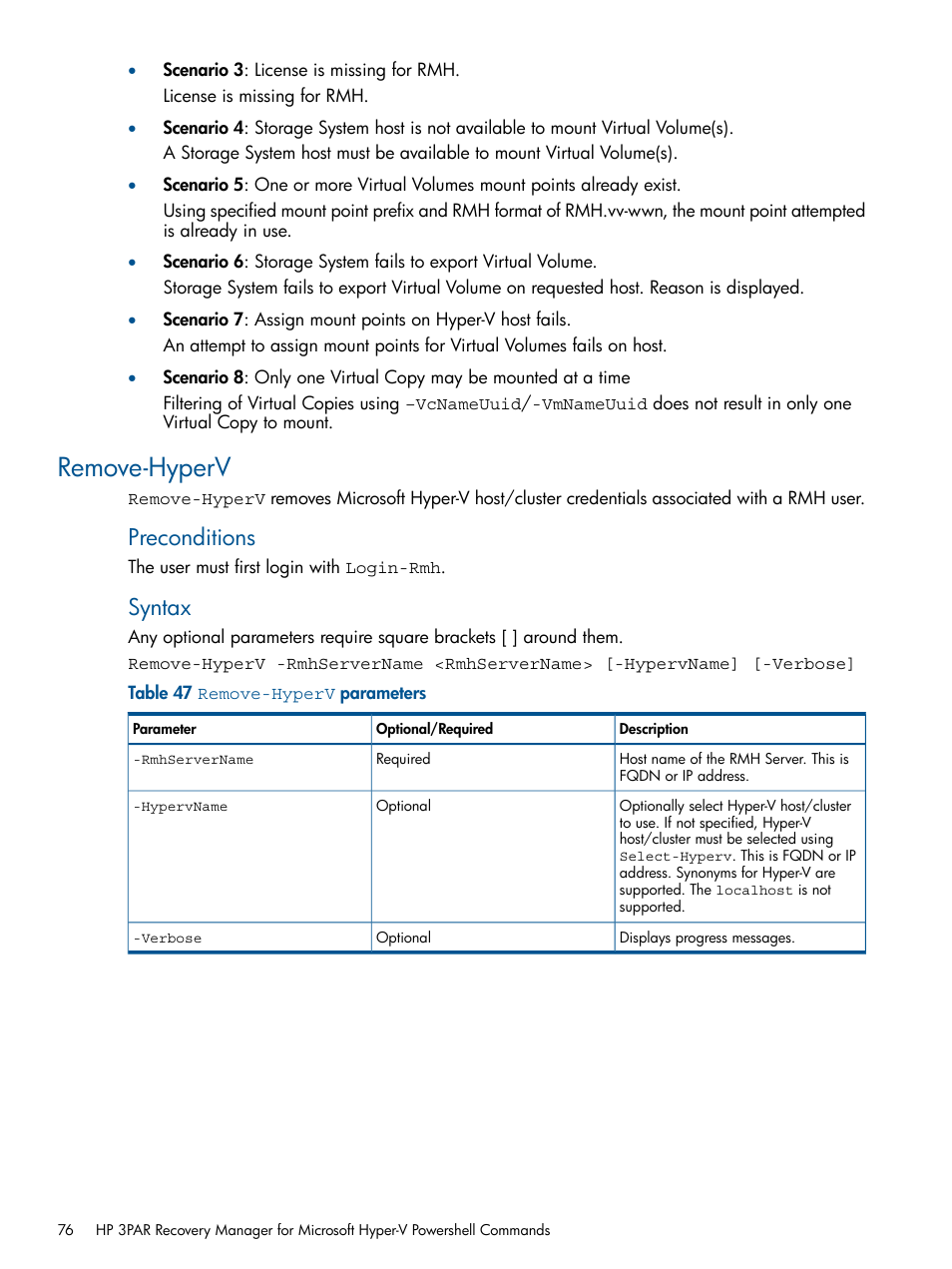 Remove-hyperv, Preconditions, Syntax | HP 3PAR Recovery Manager Software User Manual | Page 76 / 91