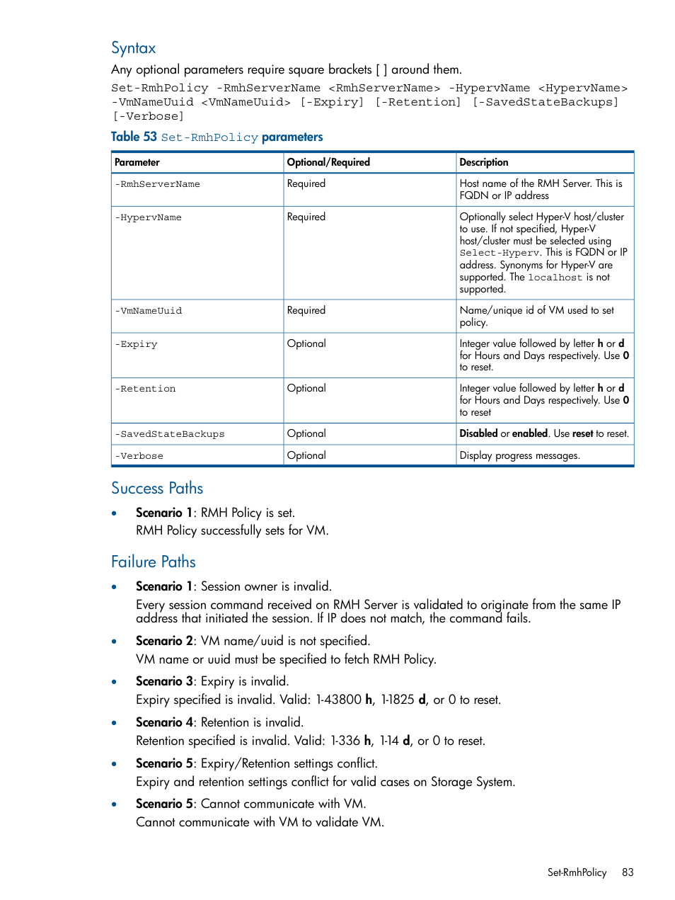 Syntax, Success paths, Failure paths | HP 3PAR Recovery Manager Software User Manual | Page 83 / 91