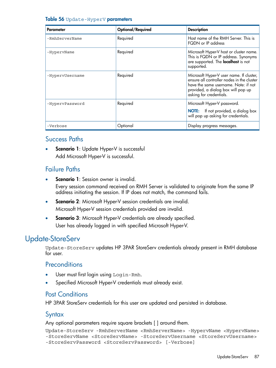 Update-storeserv, Success paths, Failure paths | Preconditions, Post conditions, Syntax | HP 3PAR Recovery Manager Software User Manual | Page 87 / 91