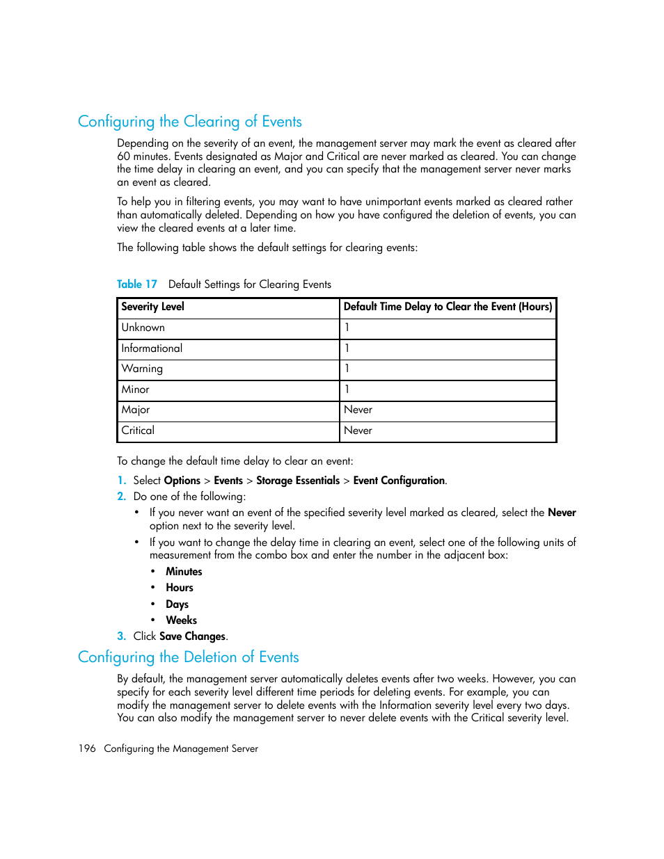 Configuring the clearing of events, Configuring the deletion of events, 17 default settings for clearing events | Configuring the, Deletion of events | HP Storage Essentials Enterprise Edition Software User Manual | Page 234 / 798