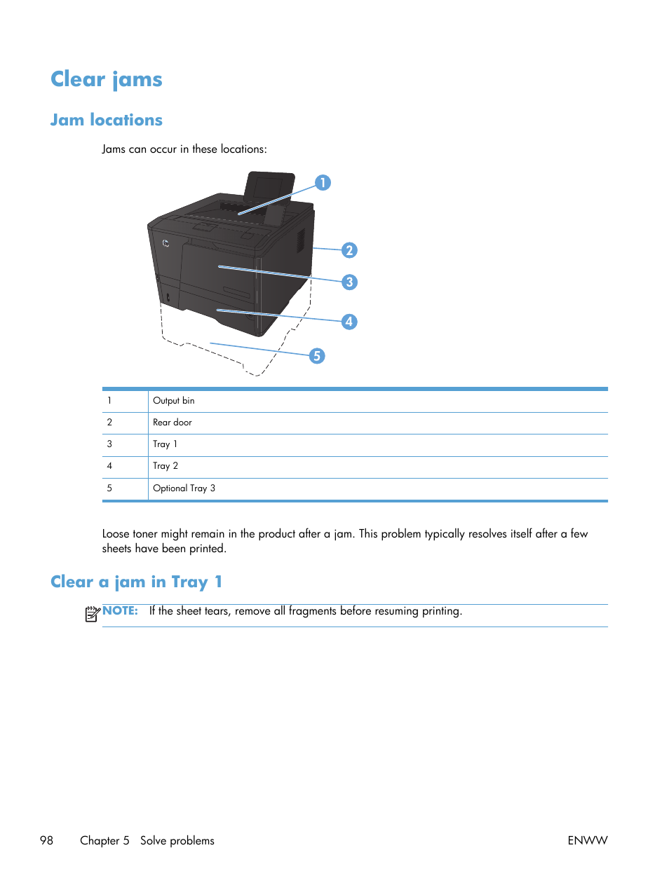 Clear jams, Jam locations, Clear a jam in tray 1 | Jam locations clear a jam in tray 1 | HP LaserJet Pro 400 Printer M401 series User Manual | Page 110 / 148