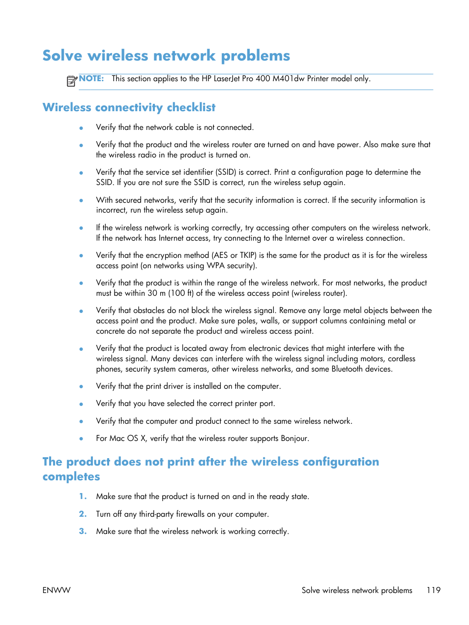 Solve wireless network problems, Wireless connectivity checklist | HP LaserJet Pro 400 Printer M401 series User Manual | Page 131 / 148