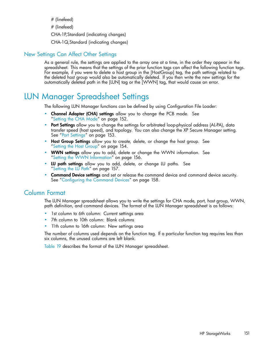 New settings canaffectother settings, Lun manager spreadsheet settings, Column format | New settings can affect other settings | HP StorageWorks XP10000 Disk Array User Manual | Page 151 / 178