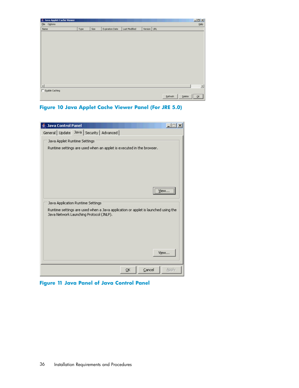Java applet cache viewer panel (for jre 5.0), Java panel of java control panel, Figure 11 | Figure 10 | HP StorageWorks XP10000 Disk Array User Manual | Page 36 / 178