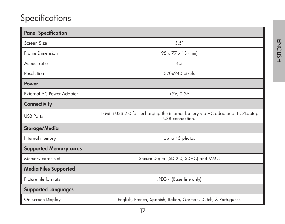 Specifications, 16 17 engli sh | HP df300 Digital Picture Frame User Manual | Page 17 / 62
