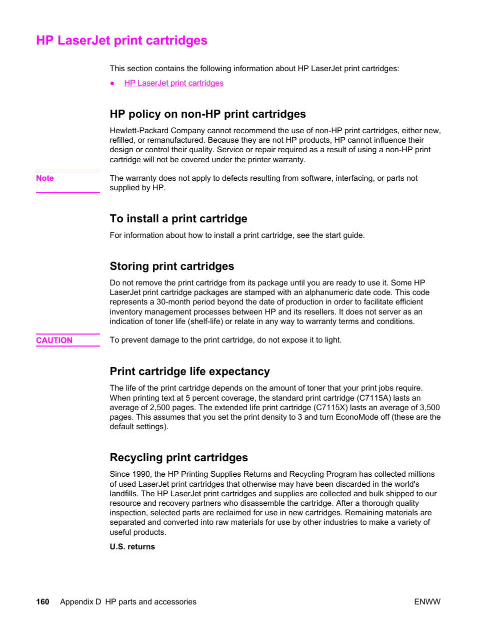 Hp laserjet print cartridges, Hp policy on non-hp print cartridges, To install a print cartridge | Storing print cartridges, Print cartridge life expectancy, Recycling print cartridges, Might be defective. see, For more | HP LaserJet 3380 All-in-One Printer User Manual | Page 172 / 196