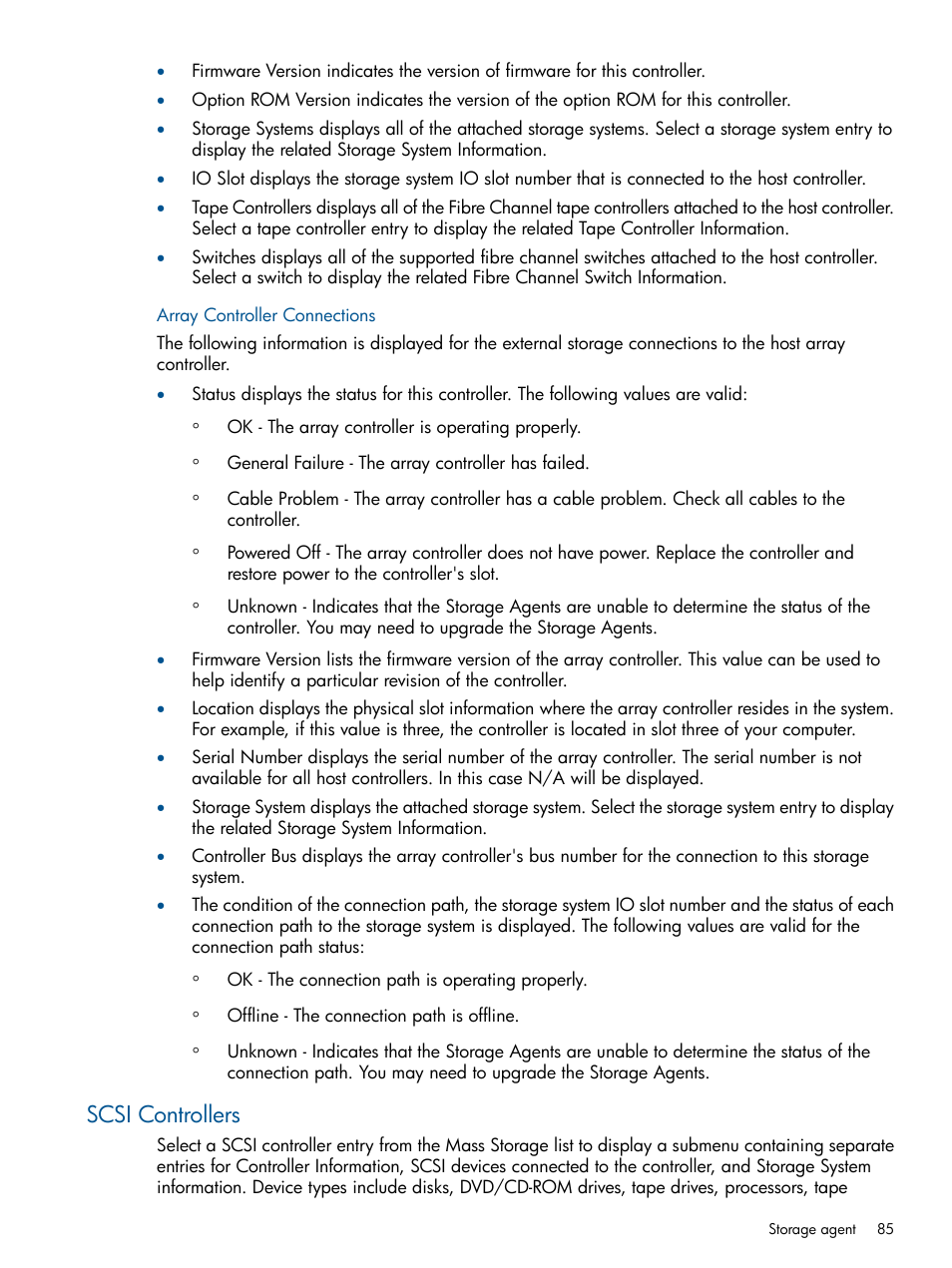 Array controller connections, Scsi controllers | HP Insight Management Agents User Manual | Page 85 / 172