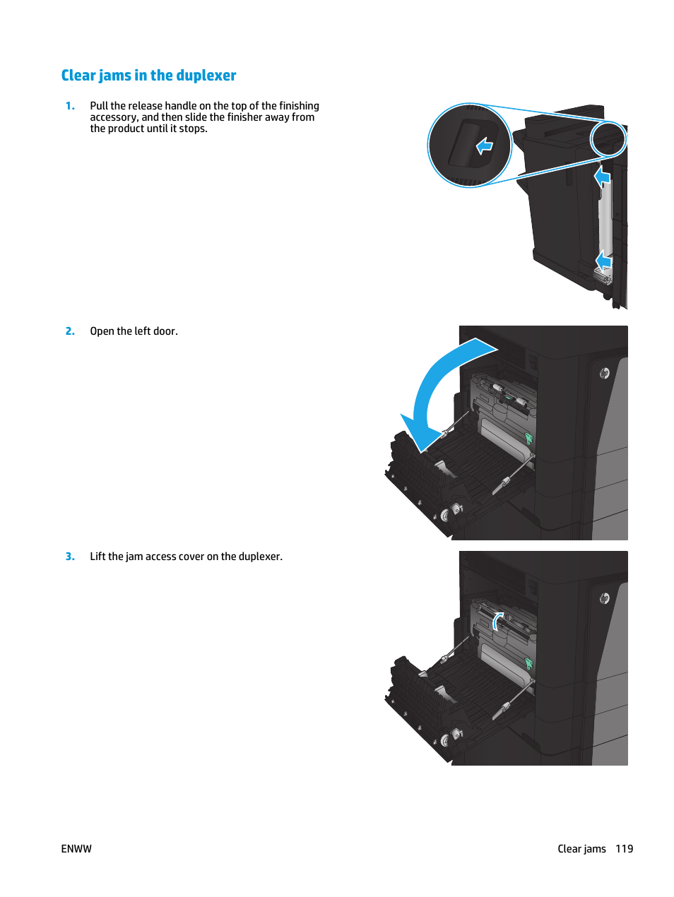 Clear jams in the duplexer | HP LaserJet Enterprise flow M830 Multifunction Printer series User Manual | Page 129 / 200