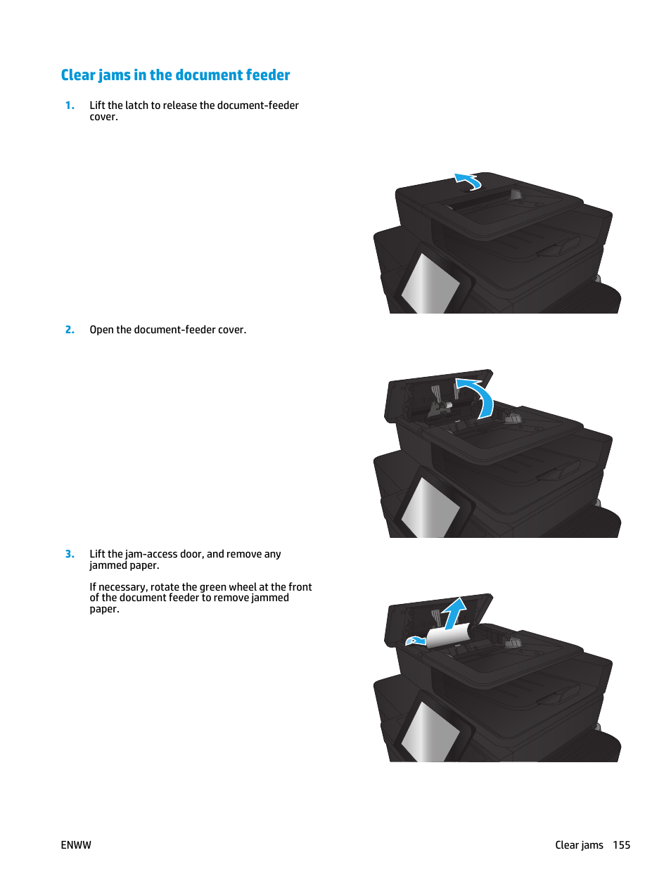 Clear jams in the document feeder | HP LaserJet Enterprise flow M830 Multifunction Printer series User Manual | Page 165 / 200