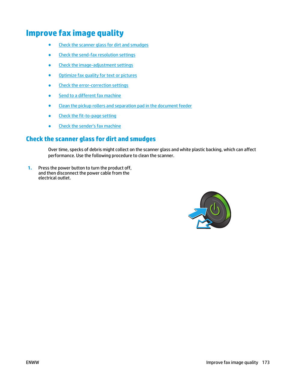 Improve fax image quality, Check the scanner glass for dirt and smudges | HP LaserJet Enterprise flow M830 Multifunction Printer series User Manual | Page 183 / 200