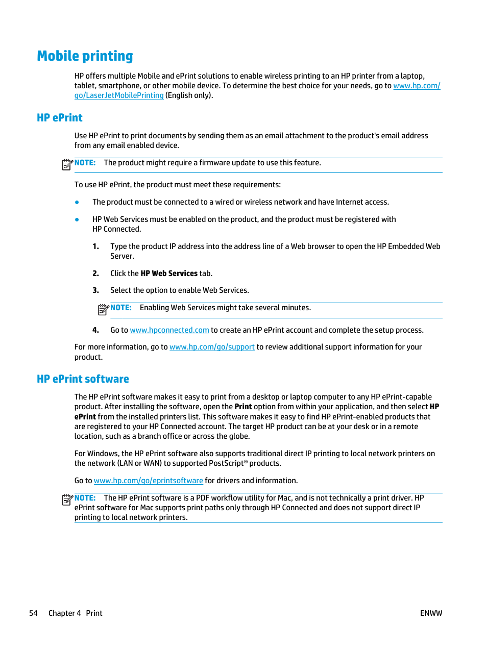 Mobile printing, Hp eprint, Hp eprint software | Hp eprint hp eprint software | HP LaserJet Enterprise flow M830 Multifunction Printer series User Manual | Page 64 / 200
