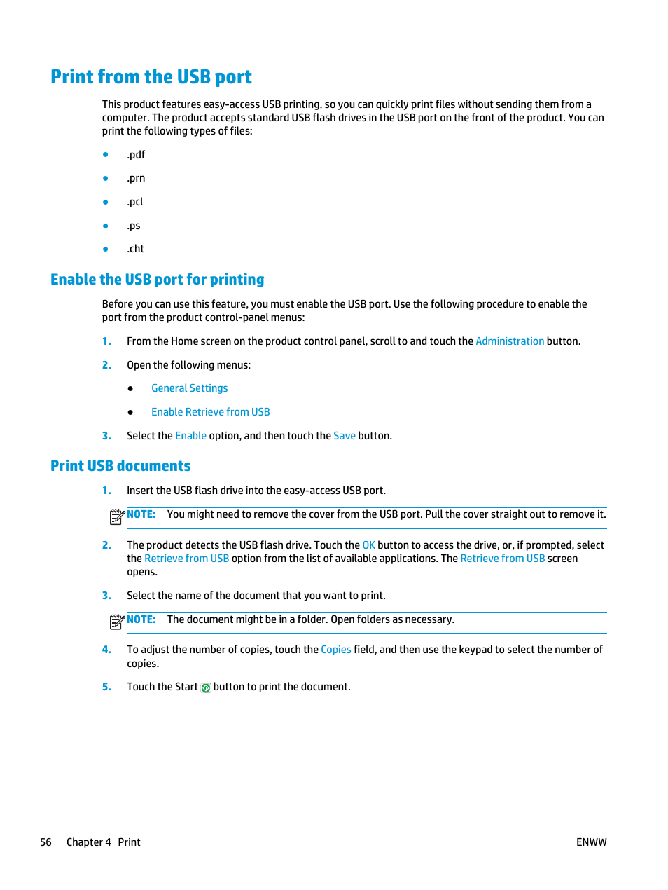 Print from the usb port, Enable the usb port for printing, Print usb documents | HP LaserJet Enterprise flow M830 Multifunction Printer series User Manual | Page 66 / 200